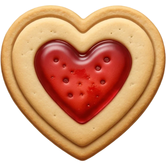 Realistic shortbread cookie in the shape of a heart with red jelly middle filling and sprinkled powder sugar on top. emoji