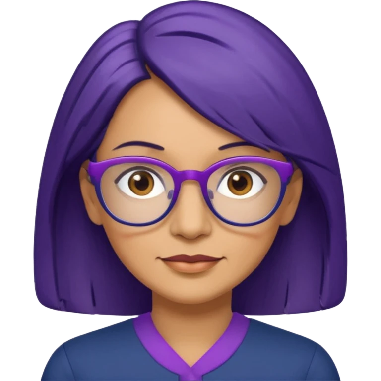 51-year-old woman. Navy blue shoulder-length hair. Purple wire-rimmed glasses. Brown eyes. emoji
