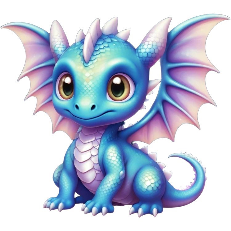 Airbrush painted image of an adorable little baby dragon with large glistening eyes under a deep galactic sky with pearlescent scales and wings spread against the stars emoji