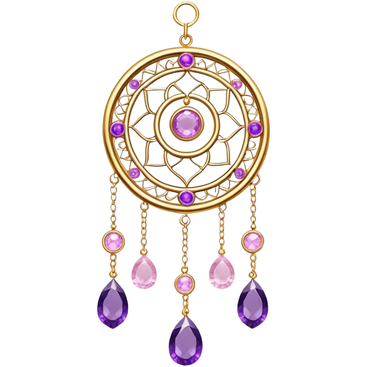 Epic Hanging gold suncatcher, threads with shiny sparkly amethyst and rose-quartz gemstones,  emoji