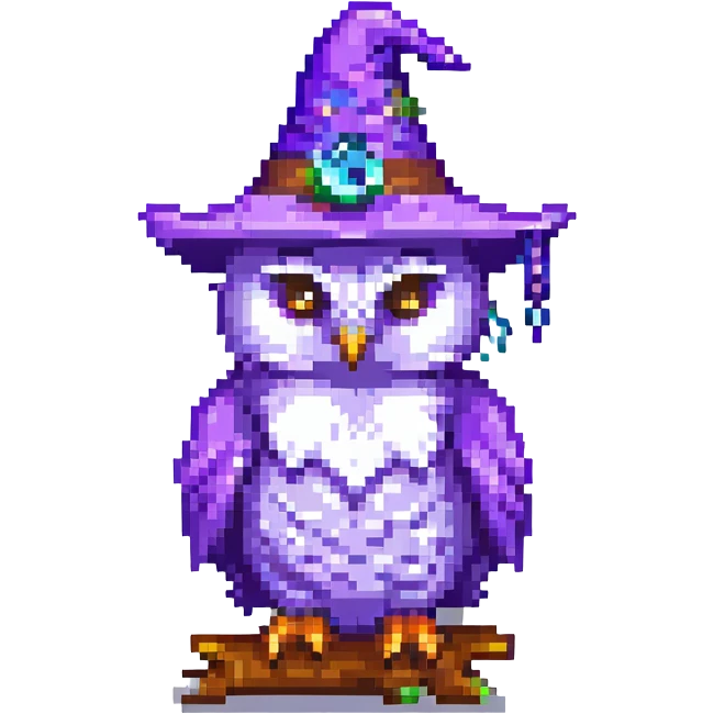 pixel art owl perched, wearing a purple wizard hat emoji
