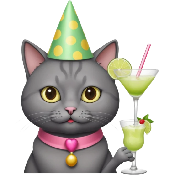 A dark grey cat is wearing a party hat, and drinking a margarita. emoji