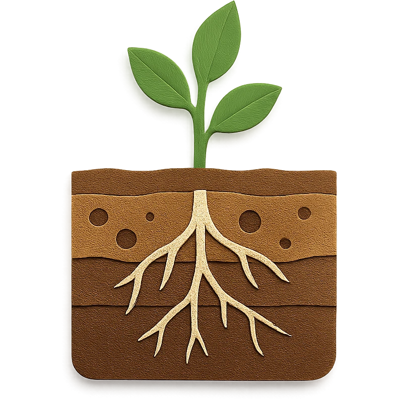 paper craft style with soil layers and roots, loam emoji