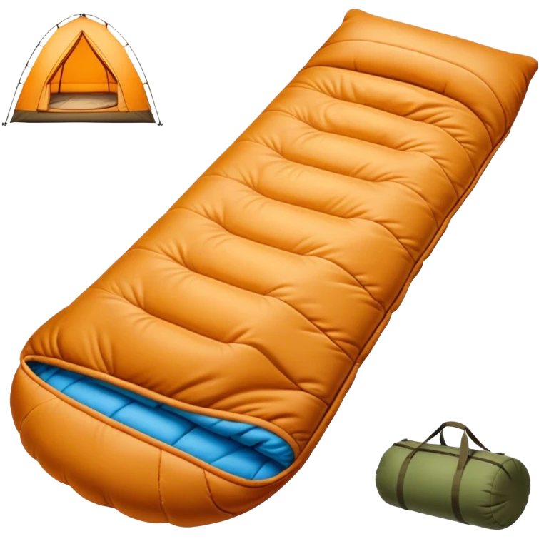 Cinematic Realistic Sleeping Bag, plush and slightly wrinkled, rich fabric texture catching the firelight, glowing with warmth and inviting coziness, nestled within a peaceful campsite. emoji