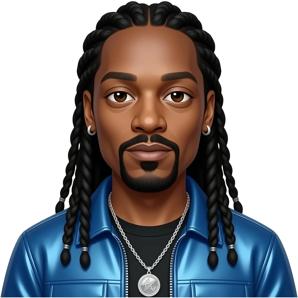 Snoop Dogg with dark brown eyes, long black dreads, blue metallic hip-hop outfit, necklace and earrings emoji