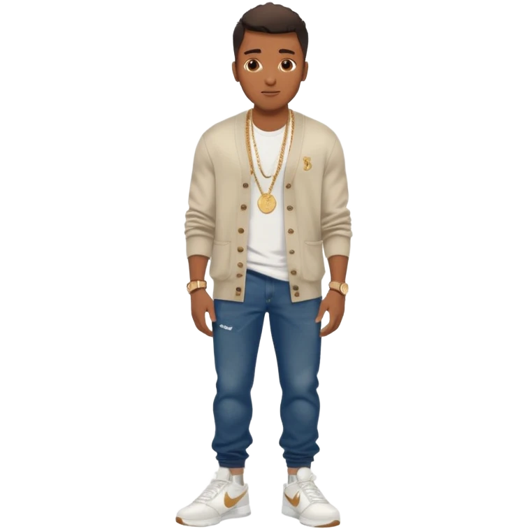 Handsome Black guy with brown skin tone, with muscular build, wearing long baggy dark denim jeans, a white t-shirt, a Burberry cardigan, white Nike sneakers, a gold watch, and a dainty chain emoji