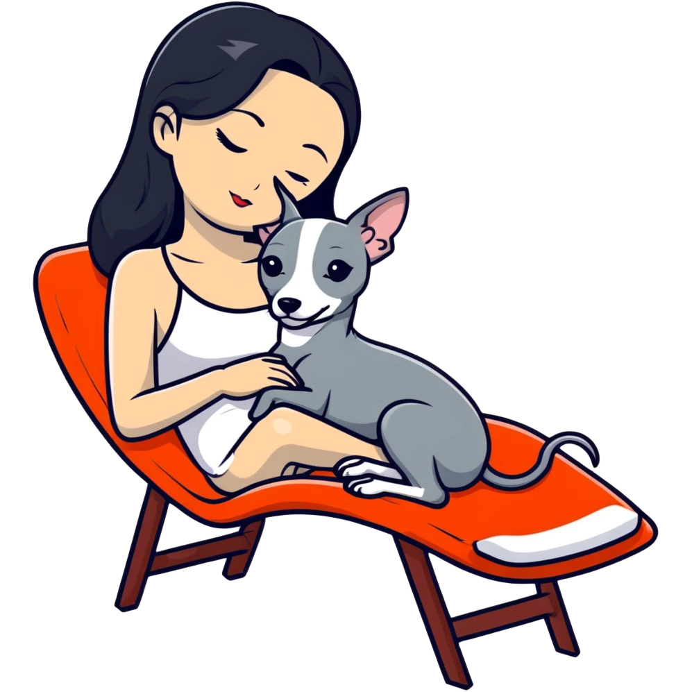 Very thin Chinese woman with long black hair relaxing on a spa lounger with exactly ONE Italian greyhound that is COMPLETELY solid grey - IMPORTANT: the dog must be ENTIRELY ONE UNIFORM GREY COLOR with ABSOLUTELY NO WHITE MARKINGS ANYWHERE - no white on face, no white on chest, no white on paws, nothing but pure grey throughout the entire dog emoji