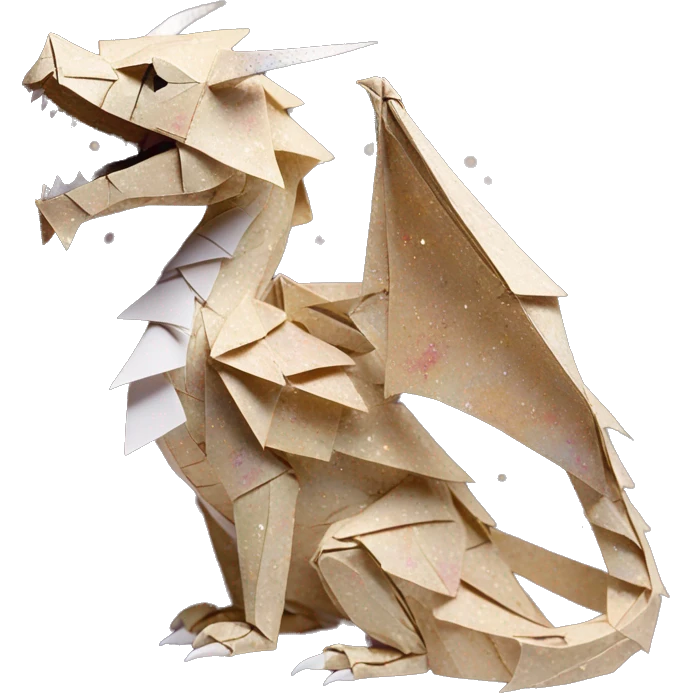 patterned Beige Origami dragon with made of newspapers, on fire, surrounded by fairy lights nebula galaxy stars swirls iridescent covered in dried flowers emoji