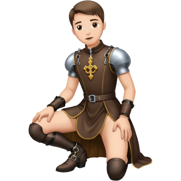 Submissive man on knees wearing female clothes and chastity emoji