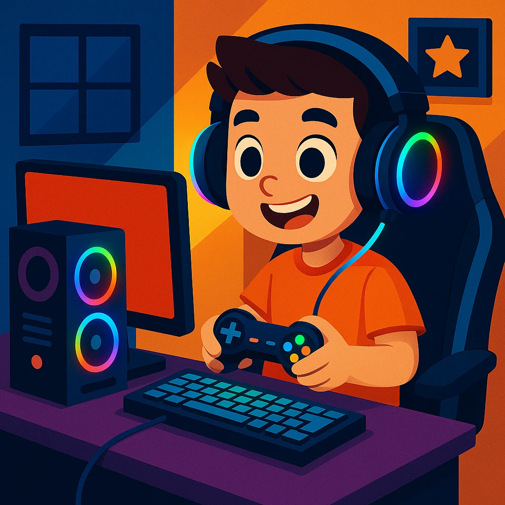 Add headphones and LED lights to the young boy with a gaming setup in a modern and fun style. emoji