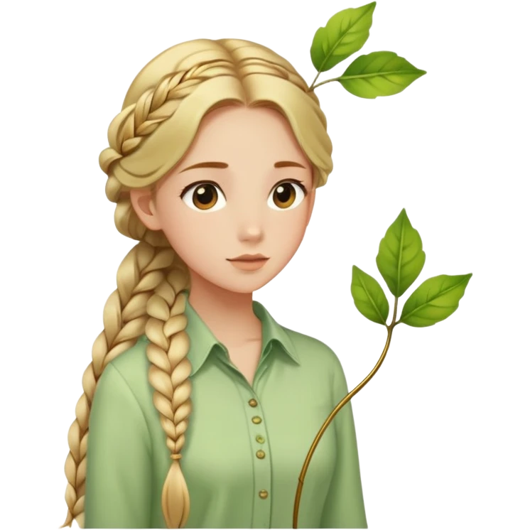 A girl with a long braid, a golden hairpin shaped like a leaf, and a light green blouse, breathing in the spring air. emoji