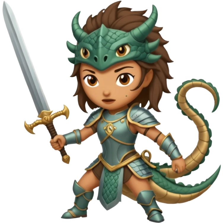 Fierce Latina in armor with a sword after a battle cutting off the head of a hydra emoji