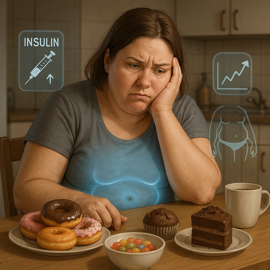 A woman in her late 30s, slightly overweight, sitting tired at a kitchen table with sugary foods in front of her. Her expression frustrated. A faint blue glow surrounds her abdomen, symbolizing metabolic dysfunction. Floating around her body: transparent icons of high insulin, rising blood glucose levels (graph with arrows up), and fat accumulation around the belly and hips. emoji