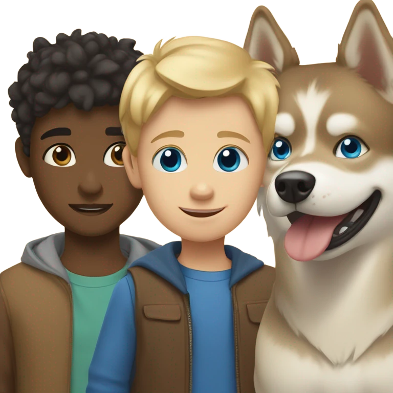Brown boy, blond boy and a golden One Husky with blue eyes emoji