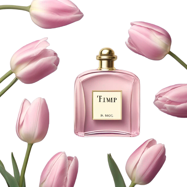 Aesthetic arrangement of pastel pink tulips and a retro violet perfume bottle.
 emoji