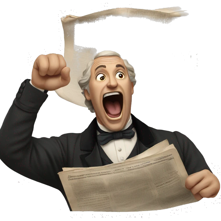 victorian man holding a newspaper in his raised hand whilst shouting emoji