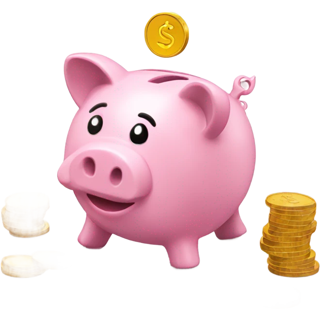 pink piggy bank with coins showing emoji