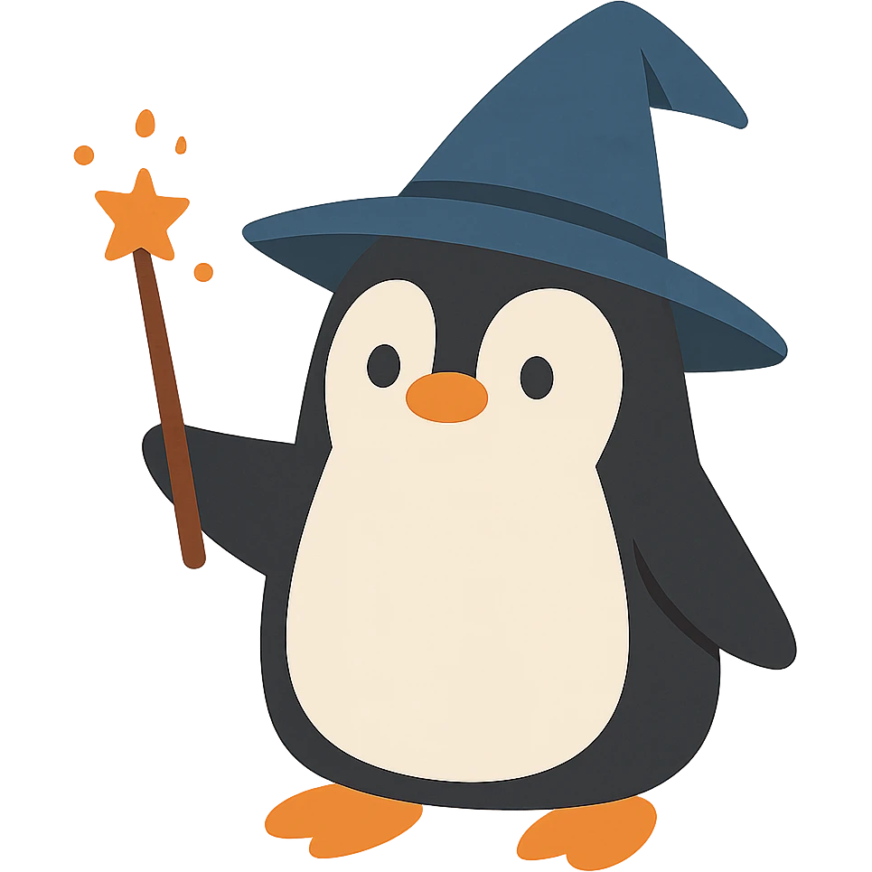 flat toon style penguin wizard with a pointy hat and wand emoji