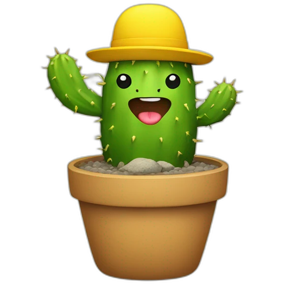 a fat green cactus with arms and legs in a small yellow cap, smiling emoji