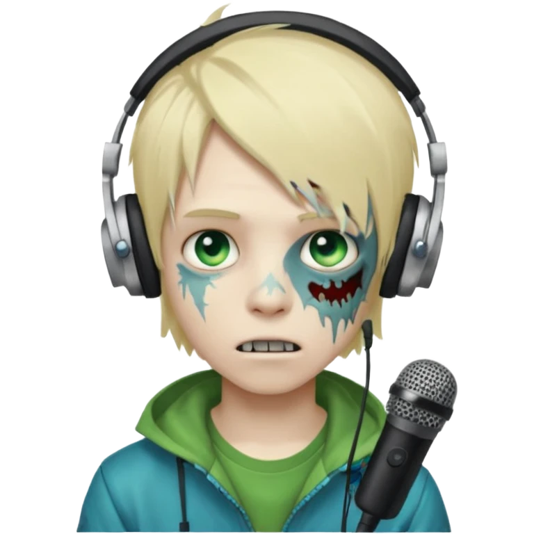 boy zombie whit blonde emo hair and eyes blue and green skin and heandphones and a microfone emoji