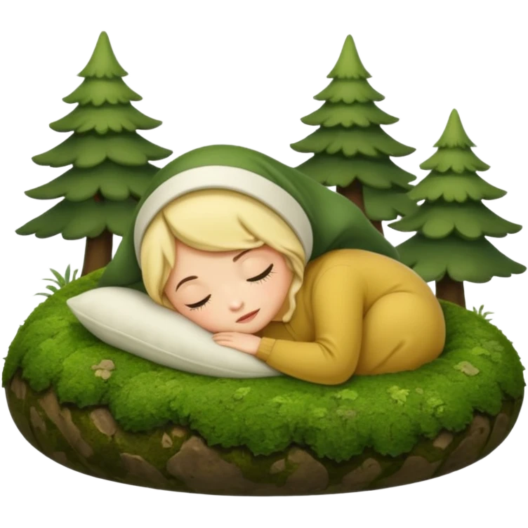 cozy forest character curled up on moss pillow with nightcap emoji