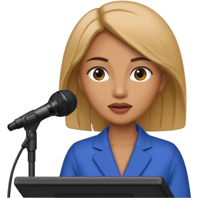 A woman speaks into a microphone, and there is a prompter screen in front of him. emoji