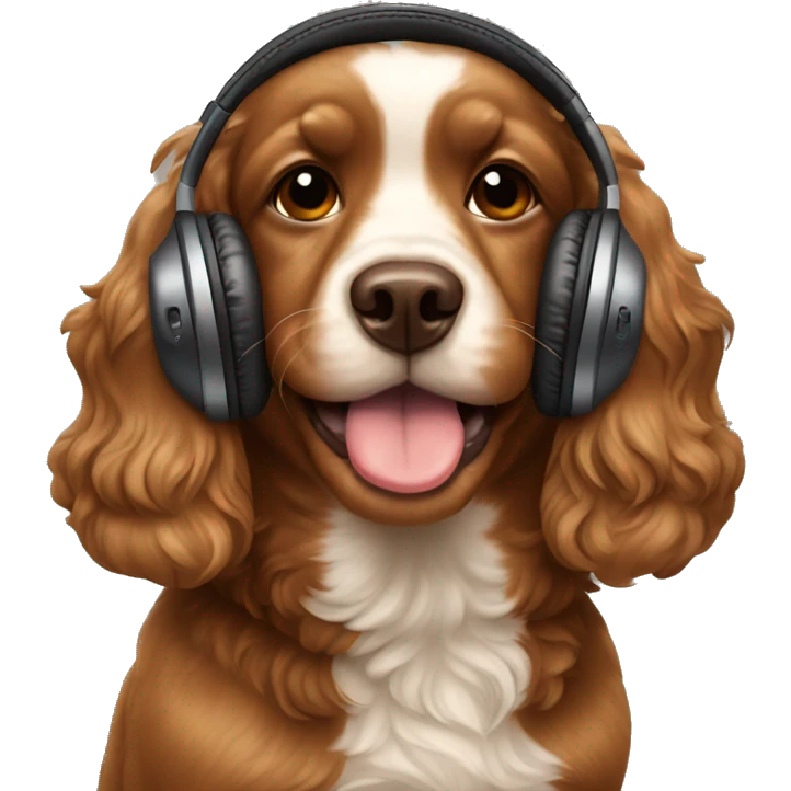 Brown cocker poo eating a apple headphone  emoji