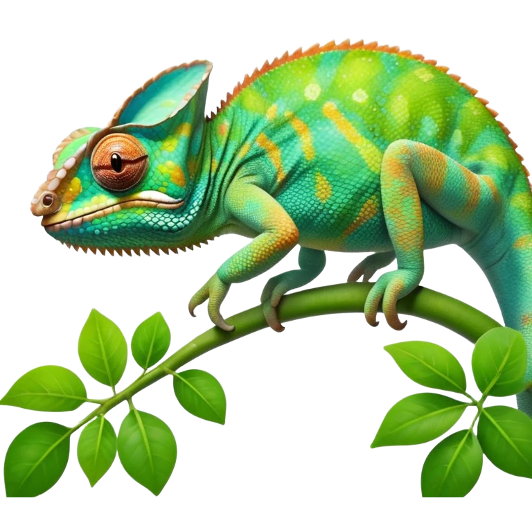 cinematic giant-smiling. chameleon-realistic emoji,-blending-with-vibrant-greenery.-detailed-scales-in-shifting-colors,-showing-the-chameleon’s-ability-to-camouflage.-soft-natural-light-highlights-its-texture.-light-background, zoomed into its face emoji