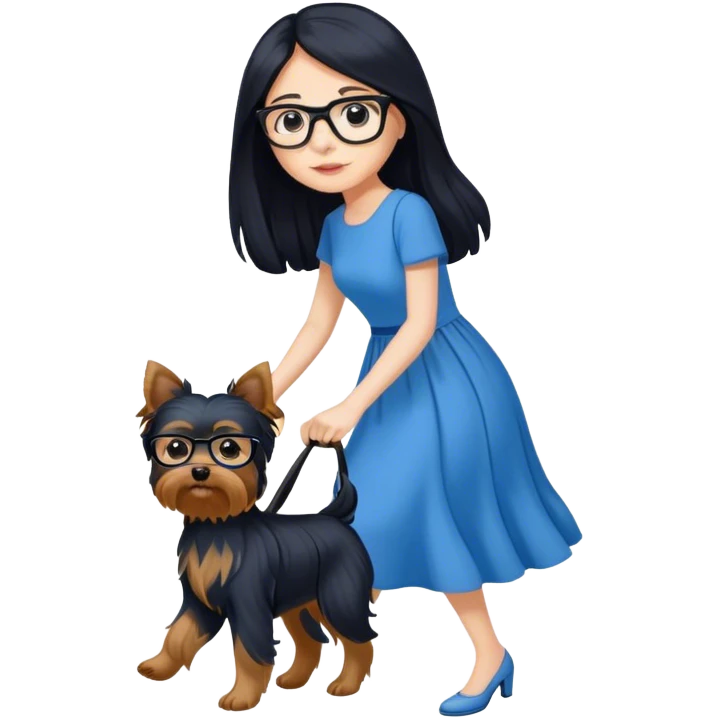 pale female with long black hair, wearing glasses and blue dress walking yorkie emoji