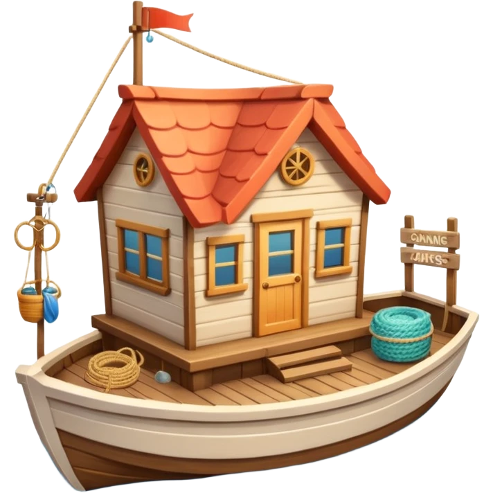 
cute fisherman house, small wooden seaside cabin, fishing nets, fishing boat sign, rope details, warm sunlight, coastal vibe, 3D cartoon, mobile game icon style, soft shadows, clean background, no text, no watermark
 emoji