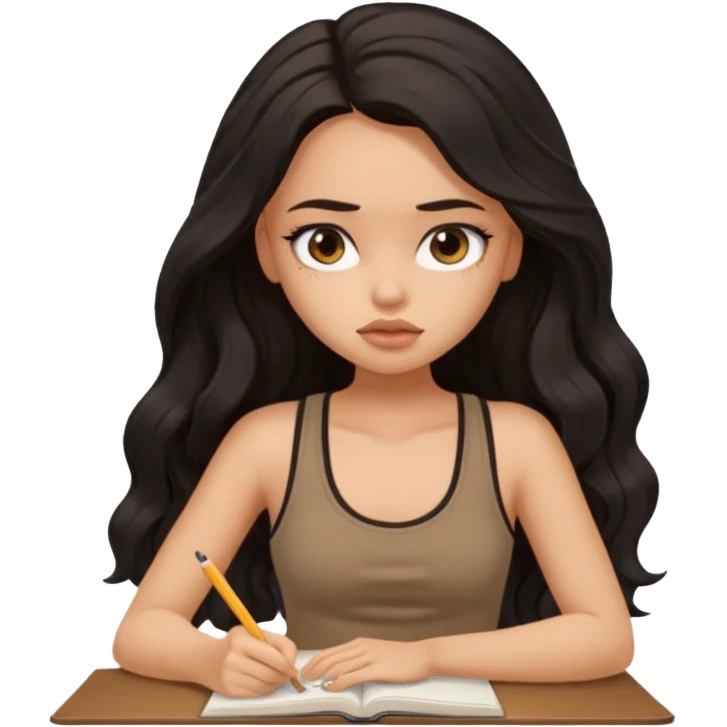 a pretty bratz light dusky girl with long wavy black hair in a brown tank top studying tired emoji