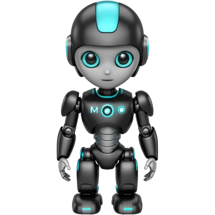 Cute futuristic chibi humanoid robot with large rounded head, glossy black and grey metal body, glowing cyan and amber eyes, visible joints, confident pose, white background, high-detail 3D render, LMX text on chest. emoji