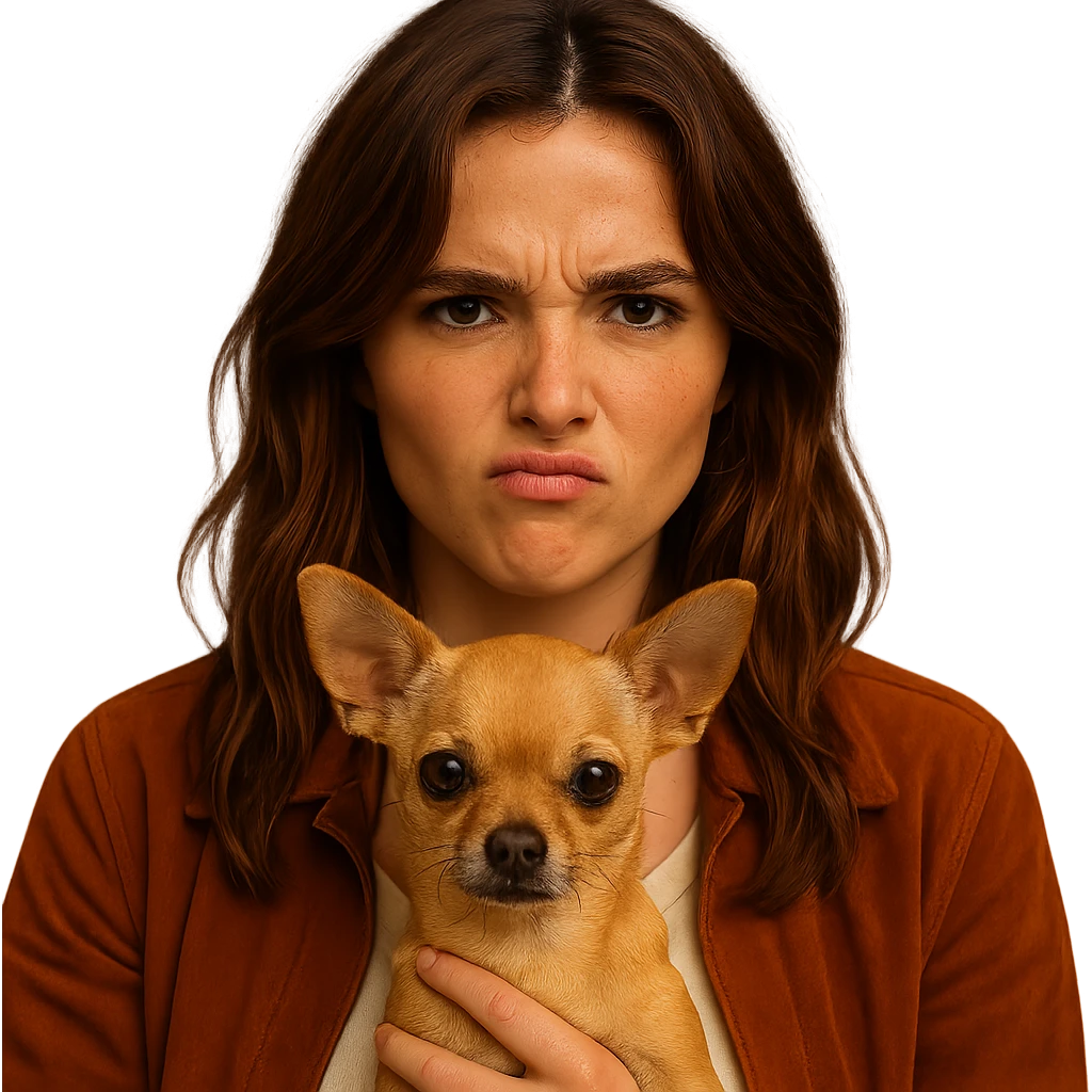 Create a centered portrait for an Instagram profile inspired by the facial features visible in the reference images of Zoe Deutch. The subject has a tanned complexion with subtle freckles, wearing a shirt in color #FFF8CA and a rust-colored jacket. Hair is medium-length brown with auburn highlights. The expression is rebellious and playful. The subject is holding an expressive and cute beige-brown chihuahua. The style is inspired by a Netflix series with an intimate and expressive atmosphere reminiscent of Tenerife. The background should be transparent. emoji
