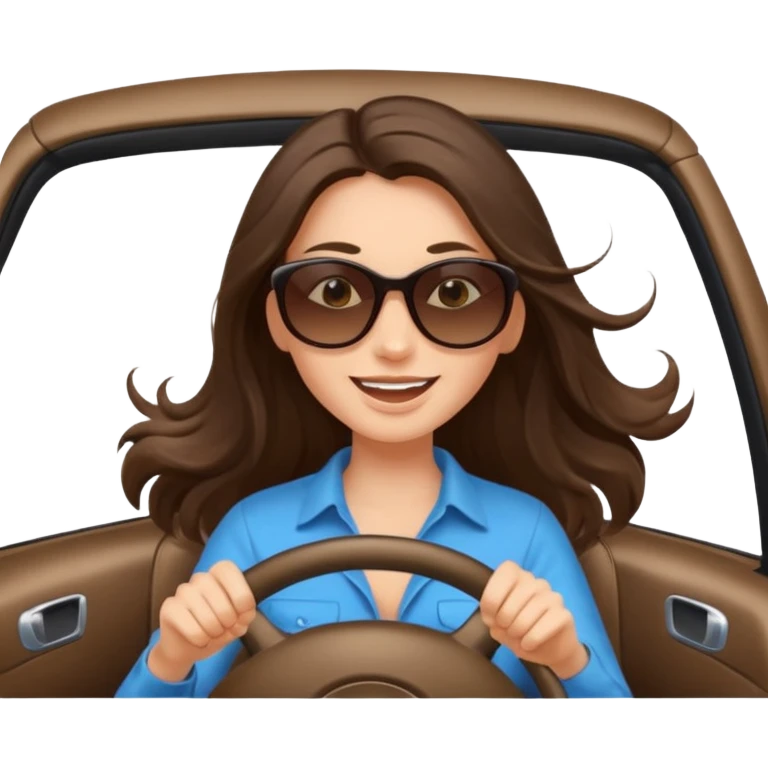 Brunette long hair driving car like crazy. Happy face confidence  emoji