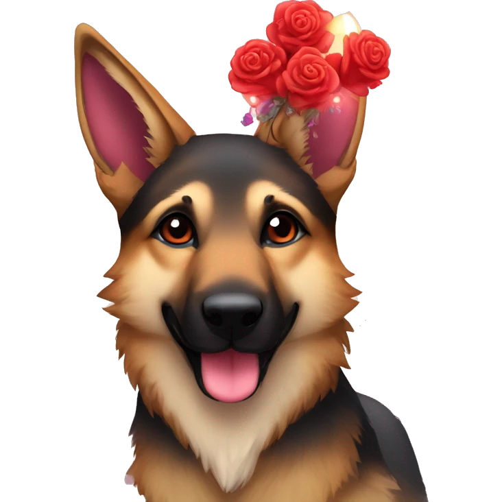 Brindled German shepherd fox carrying glowing red lantern, fairy lights, rose flower crown emoji