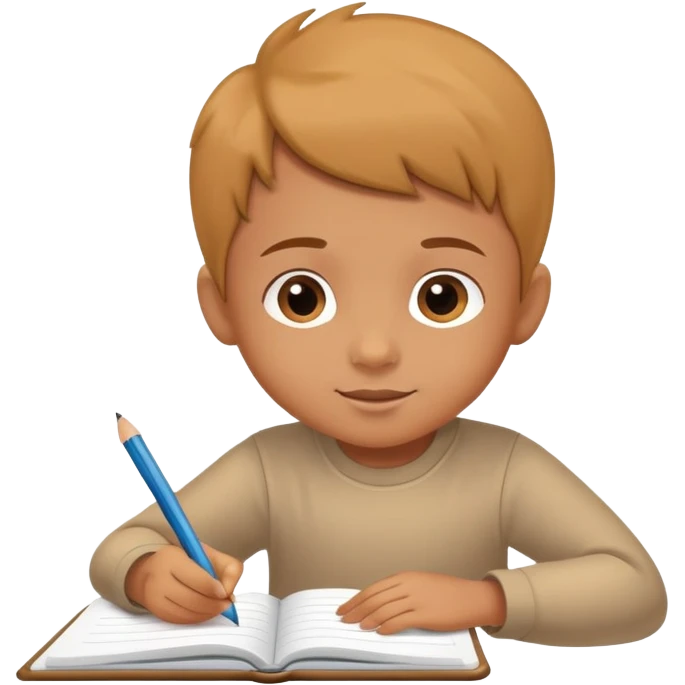 child writing in a notebook with a pencil, cheerful and focused emoji