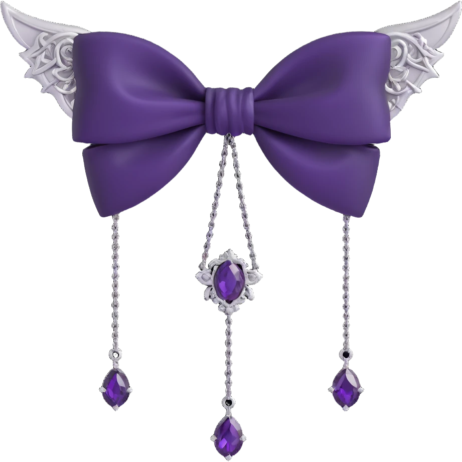 gothic bow, black velvet, silver chain fringe, dark amethyst gemstone, ornate and dramatic emoji