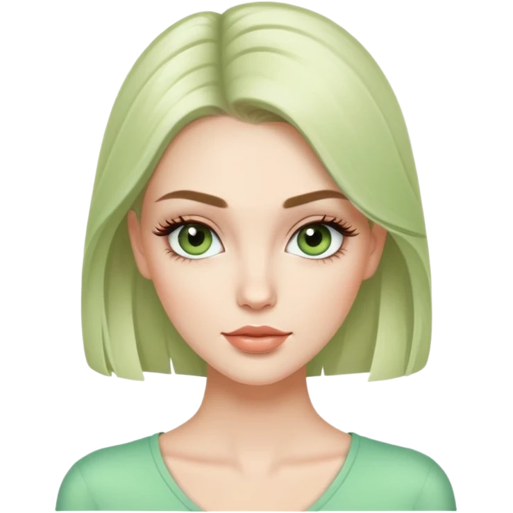 white female fashion model with light green top and lush long eyelashes, beautiful face emoji