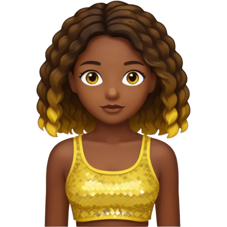 Sasha from Bratz with long light dark brown hair, dark skin, hazel eyes, yellow sequin crop top emoji
