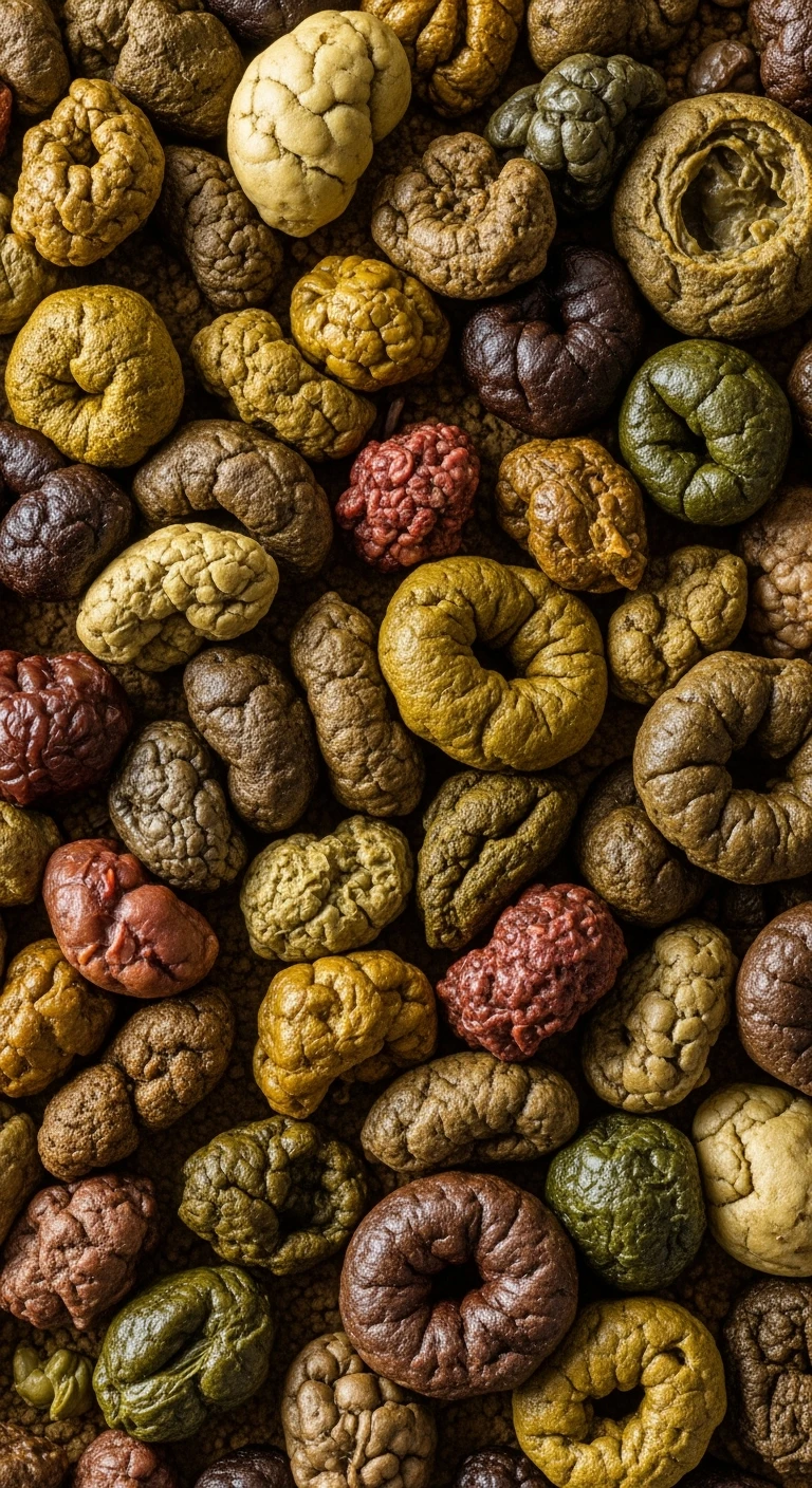 FECI DI ANIMALE VISTE DALL'ALTO DI FORMA, DIMENSIONE E COLORI DIFFERENTI, IPERREALISTICA 4K emoji