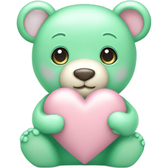 Cute pastel pink bear holding pastel green heart emoji