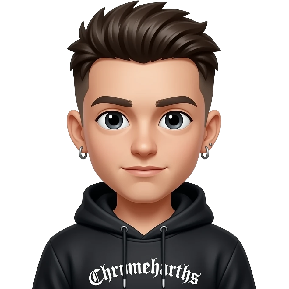 Boy with a modern mullet, a eyebrow piercing ears pierced and chrome hearts hoodie on emoji