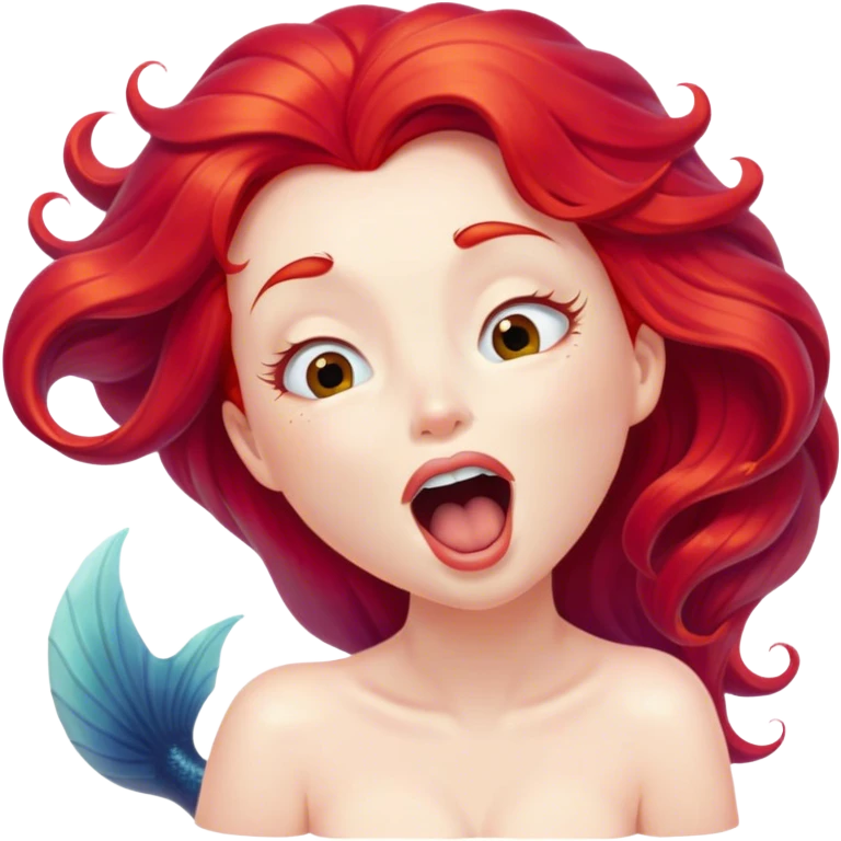 Cinematic Realistic Red Hair Mermaid Portrait, head tilted slightly with a dramatic, wide-open yawn, revealing a tender, relaxed visage with delicately detailed porcelain skin and vibrant, cascading red hair softly billowing around her. Her dreamy eyes exude a serene, aquatic charm, rendered with gentle underwater lighting and high shine—capturing the essence of a drowsy yet mesmerizing mermaid drifting into a tranquil slumber beneath the sea. emoji