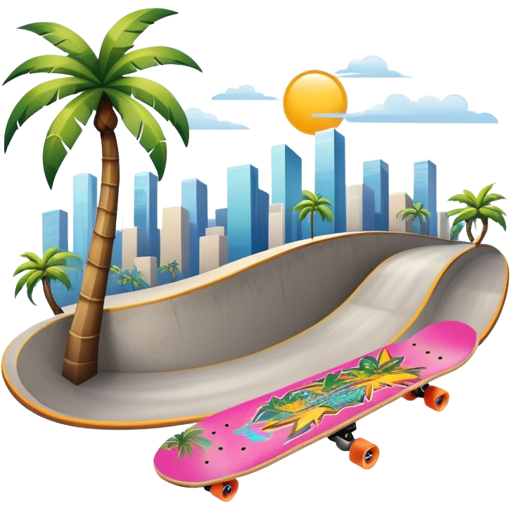 An icon featuring a skateboard resting on a smooth concrete surface. The background shows a sunny skate park with ramps, graffiti walls, and palm trees, creating an urban vibe. The skateboard is designed with vibrant colors and unique graphics. Transparent background  emoji