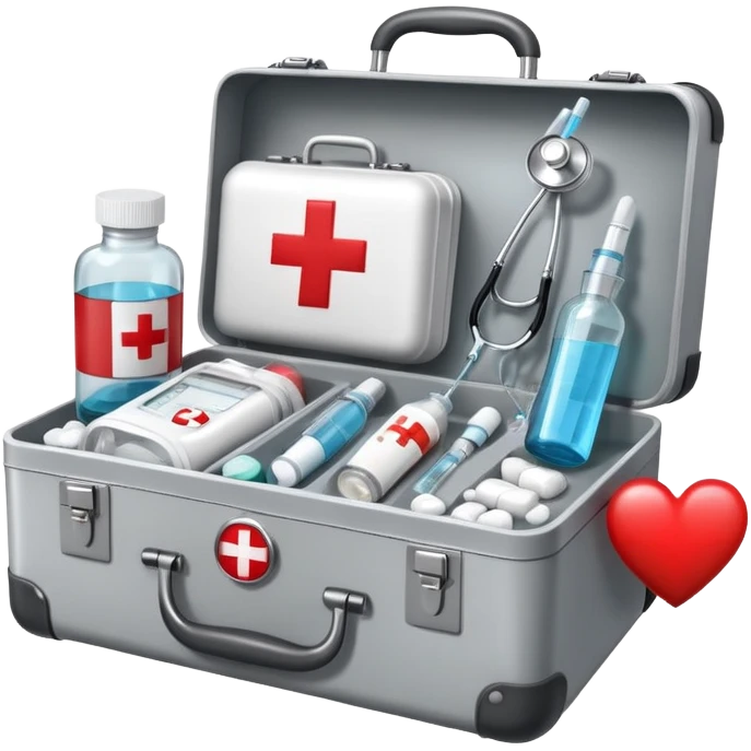 An icon featuring a medical suitcase with a red cross, a bottle of pills, a stethoscope, and a syringe, symbolizing medicine. The design includes a thermometer, bandages, and a heart monitor, representing healthcare and medical treatment. Transparent background highlights the science of healing. emoji
