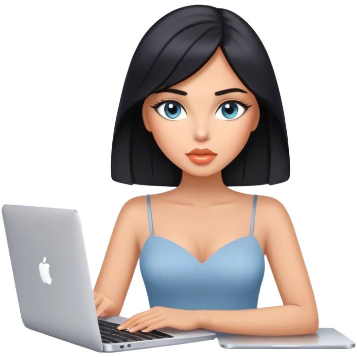 Glamours tanned very beautiful girl with pump peach nude lips and black straight smooth medium length hair, blue-grey eyes with MacBook emoji