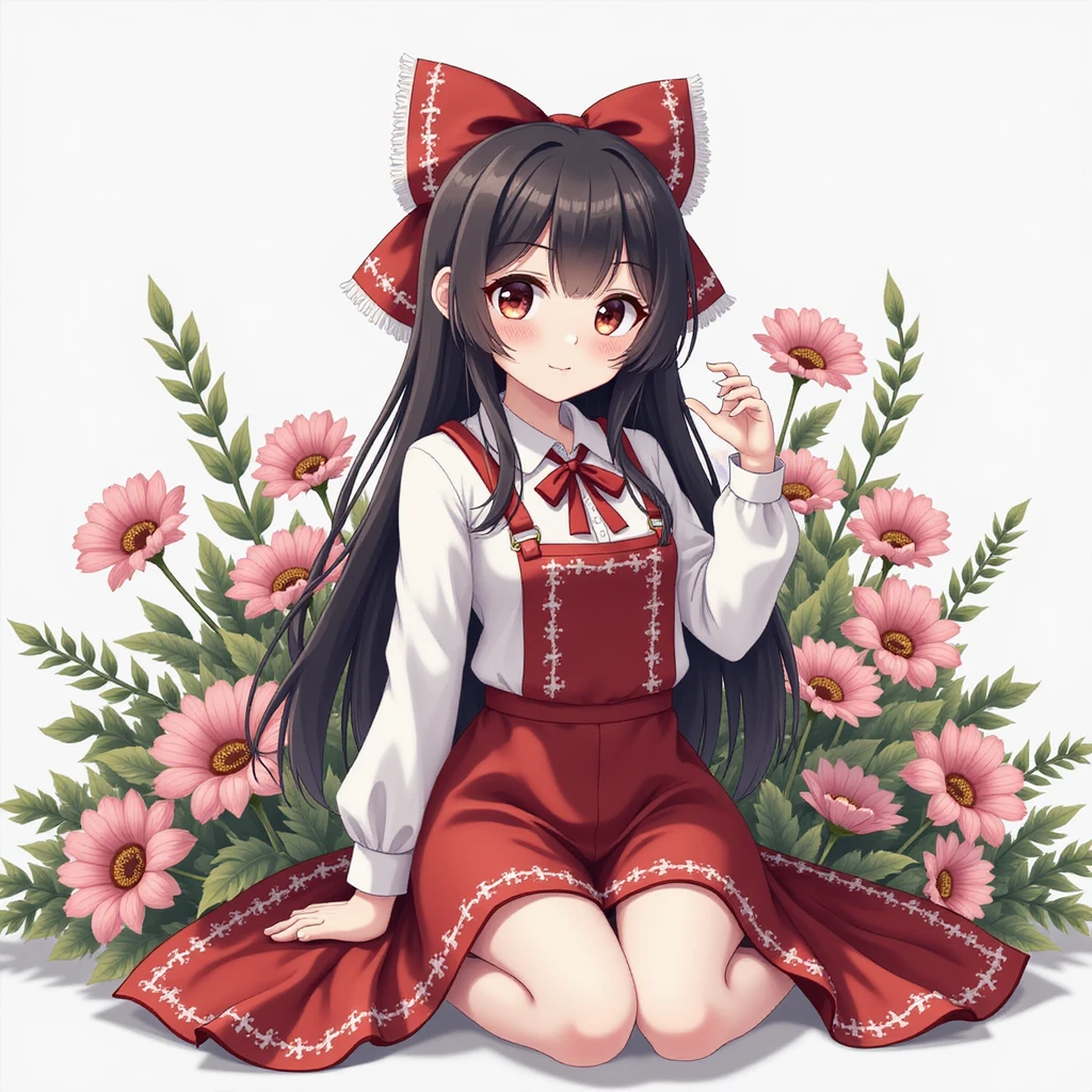 Kuromi character, photorealistic style, sitting pose, surrounded by real flowers emoji