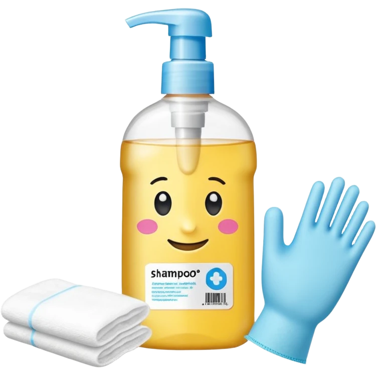 emoji of big (1L) bottle of shampoo, disposable gloves and cotton pads (for makeup) are standing on a table, products look like its always running out, add brand labels to them, make quantity bigger , and i want to see more disposable products, without faces emoji