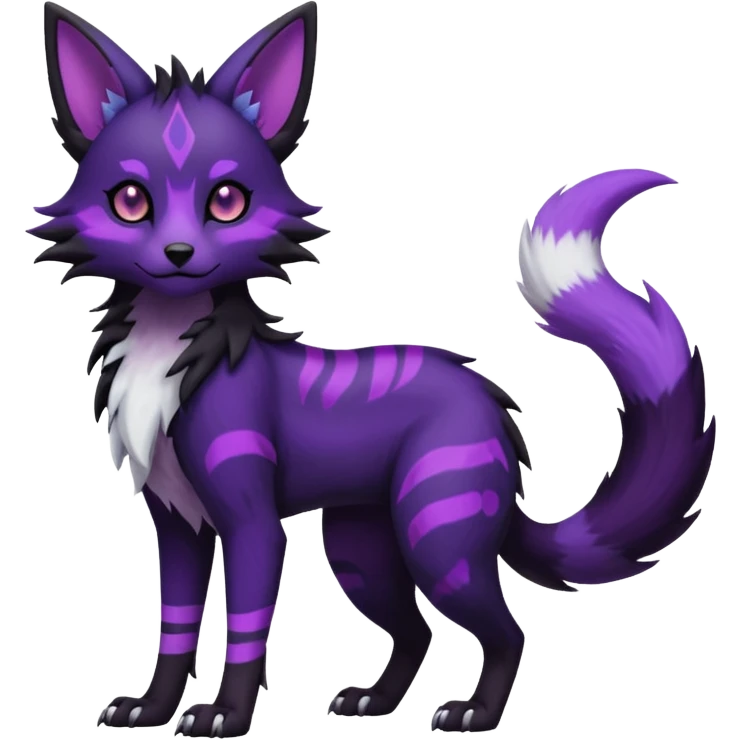 Kawaii hyper-realistic cool edgy dark black purplish blackish edgy fantasy ethereal feline-vernid-sergal-monster-furret-Lycanroc-umbreon-fursona animal creature full body with intricate markings  emoji