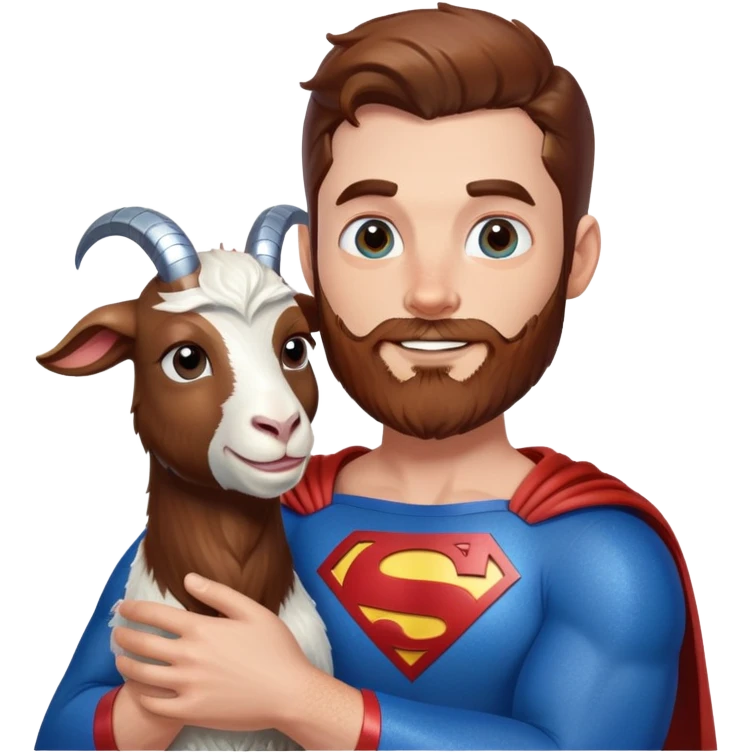 Adult Superman with redish brownish full beard with his arm around a glitter blue happy goat emoji